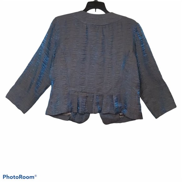 Linear Iridescent Blue Pleated Cropped One Button Jacket Blazer Ladies Small - Picture 2 of 10